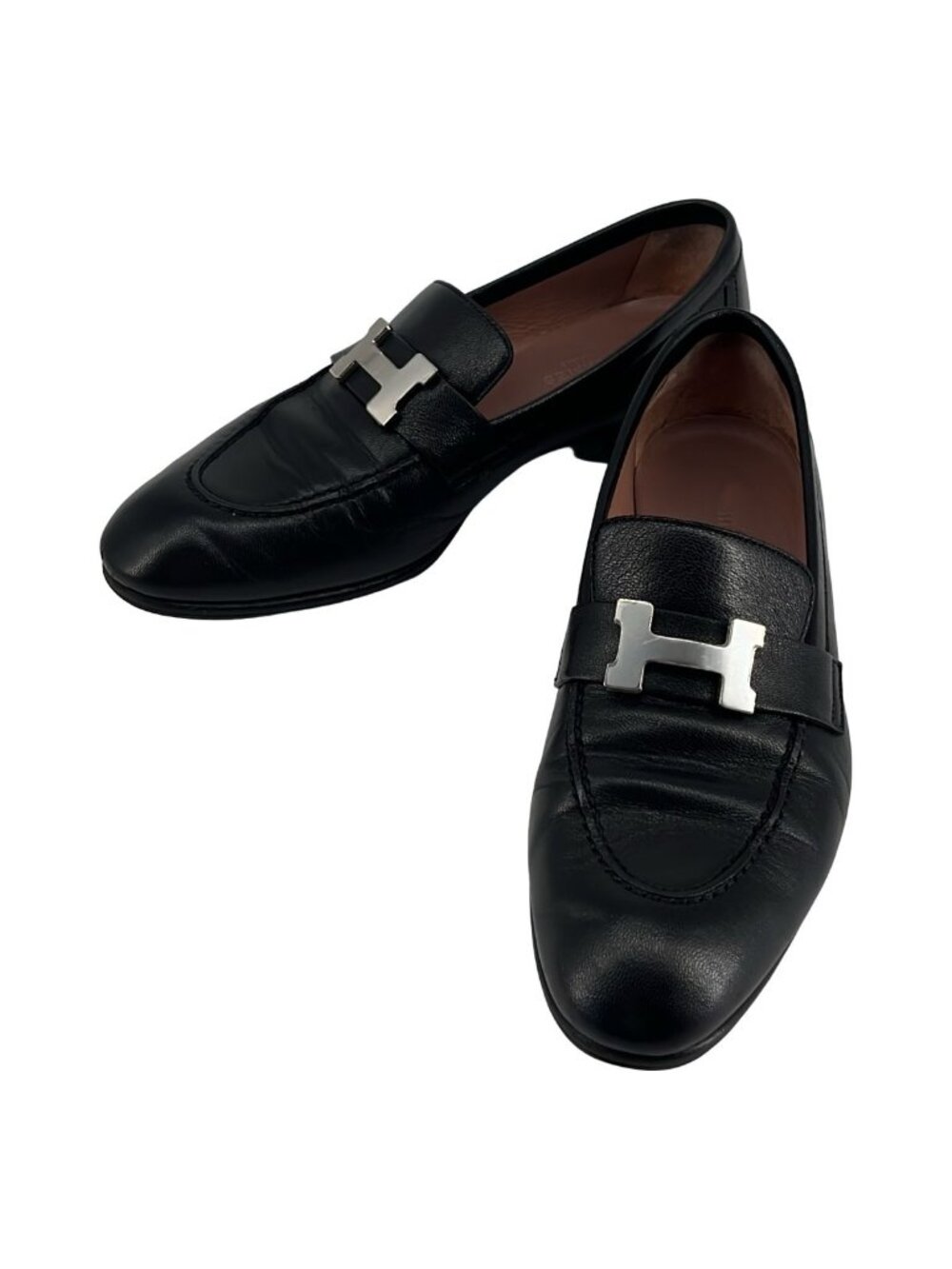 Hermes Leather Paris Moccasins Loafers Black Silver